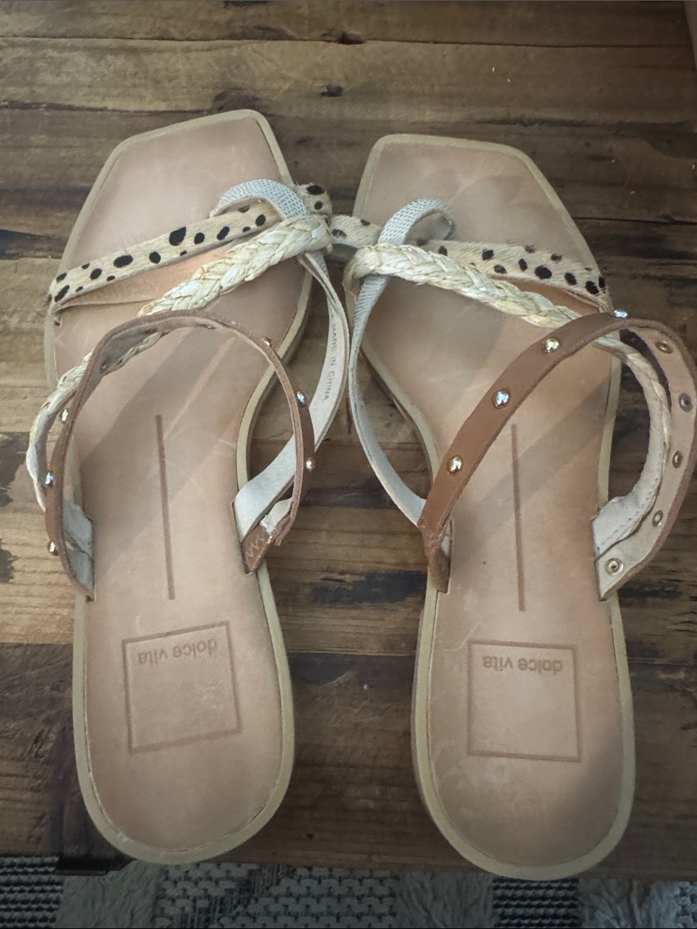 Dolce Vita Tan and Leopard-Print Braided Strap Sandals